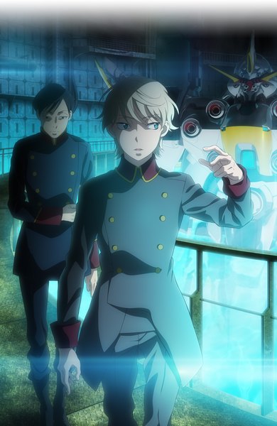 Anime picture 840x1290 with aldnoah.zero a-1 pictures slaine troyard harklight tharsis tall image fringe short hair black hair looking away indoors parted lips aqua eyes grey hair official art multiple boys looking down military boy uniform