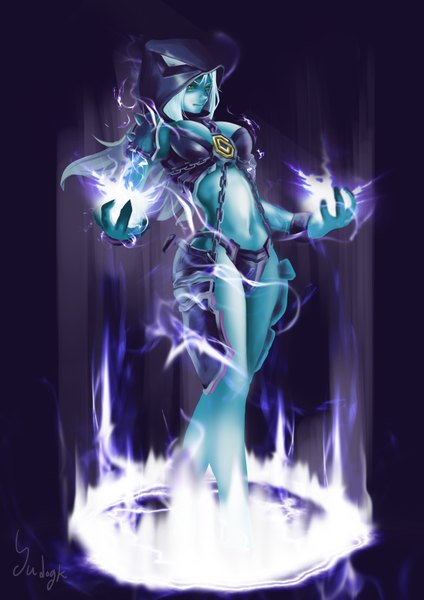 Anime picture 2480x3508 with league of legends xerath (league of legends) yudoku shonen single long hair tall image highres breasts light erotic green eyes white hair magic eyebrows genderswap blue skin girl navel armor hood chain