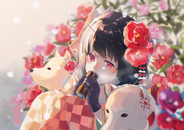 Anime picture 2500x1768 with original omutatsu single blush highres short hair black hair holding looking away outdoors pink eyes hair flower snowing winter steam checkered mask on head drinking girl gloves