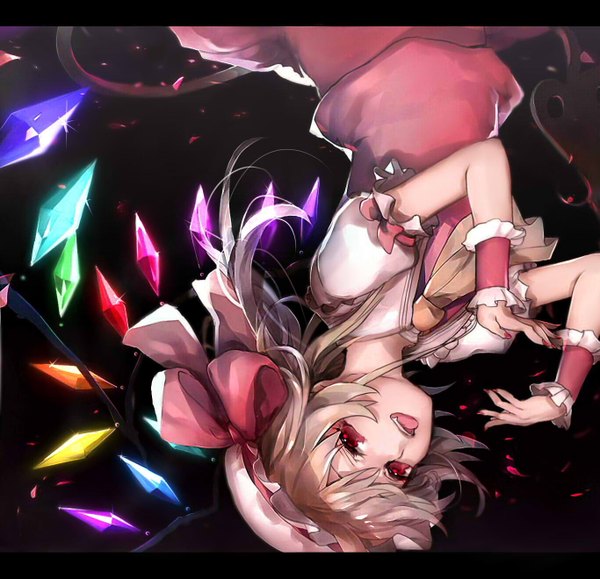 Anime picture 1365x1319 with touhou flandre scarlet ayatoki-1 looking at viewer fringe short hair open mouth simple background blonde hair red eyes nail polish black background glow upside down bow ribbon (ribbons) hat wings crystal wristlet