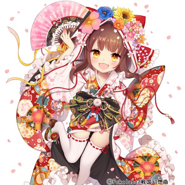 Anime picture 1000x1000 with original byulzzimon single long hair looking at viewer blush open mouth brown hair white background yellow eyes traditional clothes japanese clothes hair flower girl thighhighs hair ornament flower (flowers) petals white thighhighs kimono