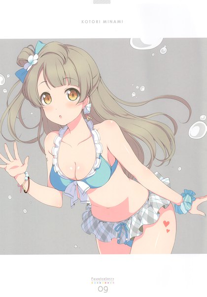 Anime picture 2389x3416 with love live! school idol project sunrise (studio) love live! minami kotori 6u (eternal land) single long hair tall image blush highres breasts light erotic brown hair brown eyes grey background :o character names one side up wrist scrunchie girl