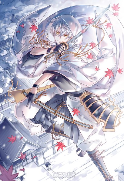 Anime picture 1023x1500 with touken ranbu nitroplus tsurumaru kuninaga instockee single tall image fringe short hair smile holding yellow eyes looking away traditional clothes japanese clothes lips snowing winter snow midair boy