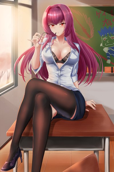 Anime picture 1276x1920 with fate (series) fate/grand order scathach (fate) (all) scathach (fate) jojobirdz single long hair tall image looking at viewer blush fringe breasts light erotic hair between eyes red eyes large breasts sitting holding cleavage purple hair