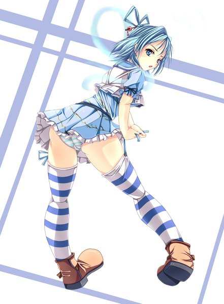Anime picture 1500x2040 with touhou kaku seiga cyoppu single tall image short hair blue eyes light erotic blue hair looking back girl thighhighs dress hair ornament underwear panties boots striped thighhighs