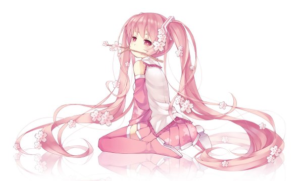 Anime picture 1200x719 with vocaloid hatsune miku sakura miku saru (longbb) single simple background wide image white background twintails pink hair very long hair pink eyes girl skirt flower (flowers) detached sleeves miniskirt thigh boots pink skirt