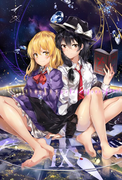 Anime picture 1000x1470 with touhou usami renko maribel hearn neko (yanshoujie) long hair tall image looking at viewer blush fringe light erotic black hair blonde hair smile hair between eyes sitting multiple girls holding brown eyes bent knee (knees) long sleeves