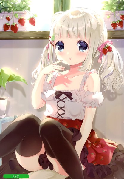 Anime picture 2051x2958 with melonbooks neki (wakiko) single long hair tall image looking at viewer fringe highres blue eyes light erotic blonde hair sitting twintails bare shoulders signed animal ears payot indoors blunt bangs fingernails