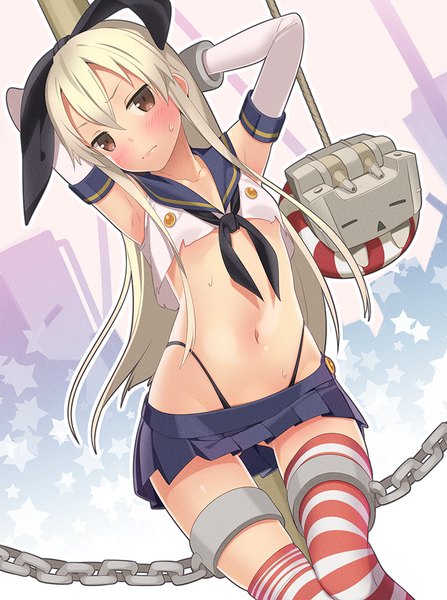 Anime picture 746x1000 with kantai collection shimakaze destroyer ama mitsuki single long hair tall image blush light erotic blonde hair smile brown eyes midriff girl thighhighs gloves navel bow hair bow miniskirt elbow gloves