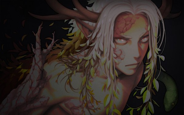 Anime picture 1200x750 with original arasdel single long hair looking at viewer upper body white hair horn (horns) lips pointy ears white eyes boy plant (plants) animal snake reptile