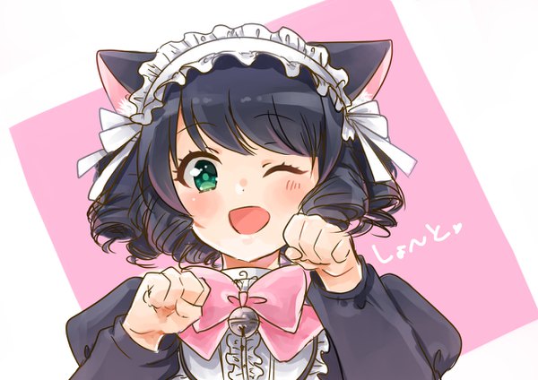 Anime picture 1228x868 with show by rock!! studio bones cyan (show by rock!!) ichigokono single looking at viewer blush fringe short hair open mouth black hair simple background green eyes animal ears upper body one eye closed wink cat ears inscription puffy sleeves