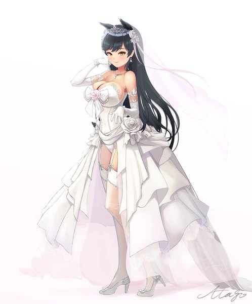Anime picture 1600x1927 with azur lane atago (azur lane) kyo (user jpfr5738) single long hair tall image looking at viewer blush fringe breasts light erotic black hair simple background smile large breasts standing white background bare shoulders animal ears yellow eyes