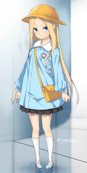 Anime-Bild 442x878 mit fate (series) fate/grand order abigail williams (fate) tyone single long hair tall image looking at viewer blush fringe blue eyes blonde hair standing signed full body pleated skirt twitter username frown :t girl