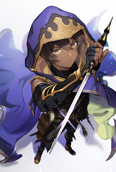 Anime picture 813x1200 with granblue fantasy jamil (granblue fantasy) feb itk single tall image looking at viewer fringe short hair hair between eyes brown hair standing yellow eyes full body from above dark skin boy weapon sword hood cape