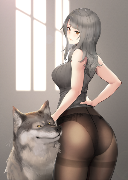 Anime picture 2976x4175 with original hayabusa single long hair tall image looking at viewer blush fringe highres breasts open mouth light erotic large breasts standing brown eyes ass indoors looking back grey hair from behind