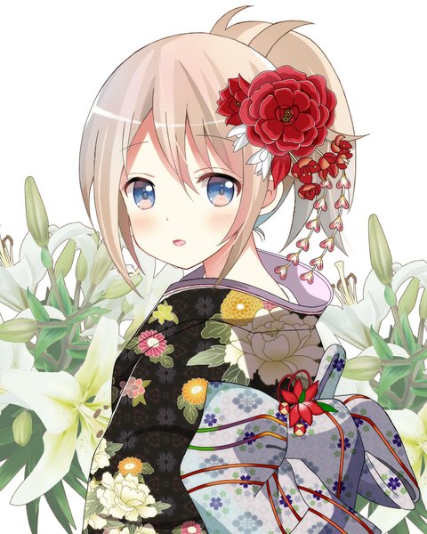 Anime picture 800x1000 with gochuumon wa usagi desu ka? white fox aoyama blue mountain ryoutan single long hair tall image looking at viewer blush fringe open mouth blue eyes blonde hair simple background hair between eyes white background payot ponytail traditional clothes japanese clothes