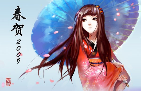 Anime picture 2028x1317 with original demon (artist) single long hair highres simple background brown hair brown eyes looking away traditional clothes japanese clothes hieroglyph blue background sky print 2009 girl hair ornament petals kimono umbrella