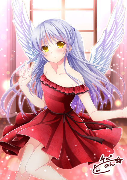 Anime picture 707x1000 with angel beats! key (studio) tachibana kanade chibinon single long hair tall image looking at viewer blush fringe breasts smile standing bare shoulders signed yellow eyes payot silver hair purple hair bent knee (knees)