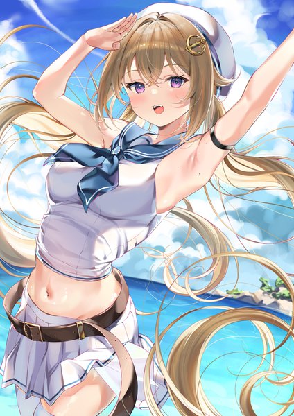 Anime picture 1910x2700 with original bochibochi (gyuuniku 6000) single tall image blush fringe highres open mouth hair between eyes brown hair purple eyes twintails sky cloud (clouds) very long hair :d mole armpit (armpits) midriff low twintails