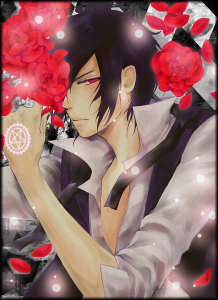 Anime picture 1600x2200 with kuroshitsuji a-1 pictures sebastian michaelis single tall image looking at viewer short hair black hair red eyes partially open clothes boy flower (flowers) petals