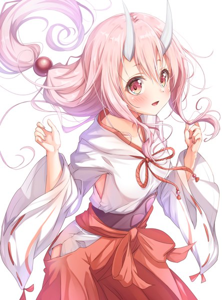 Anime picture 780x1052 with tensei shitara slime datta ken 8bit shuna (tensei shitara slime datta ken) matokechi single long hair tall image fringe open mouth simple background hair between eyes red eyes white background payot pink hair traditional clothes :d japanese clothes horn (horns) from above