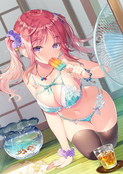 Anime picture 849x1200 with original miwabe sakura single long hair tall image looking at viewer fringe breasts light erotic large breasts purple eyes holding payot indoors nail polish fingernails dutch angle underwear only thigh gap eating