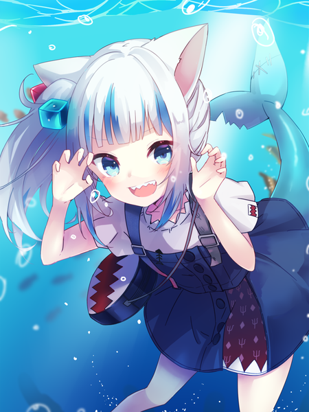 Anime picture 1000x1333 with virtual youtuber hololive hololive english gawr gura gawr gura (2nd costume) amagasa nadame single long hair tall image blush open mouth blue eyes animal ears silver hair tail :d multicolored hair cat ears teeth streaked hair