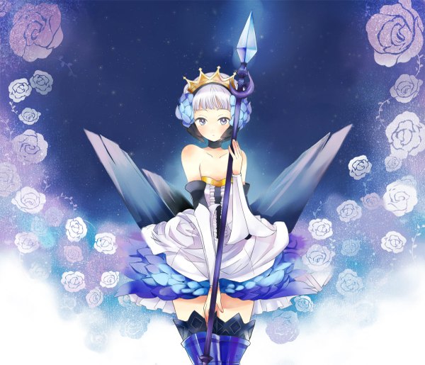 Anime picture 1200x1031 with odin sphere vanillaware gwendolyn sugano manami single blush purple eyes purple hair girl thighhighs dress flower (flowers) detached sleeves rose (roses) crown spear