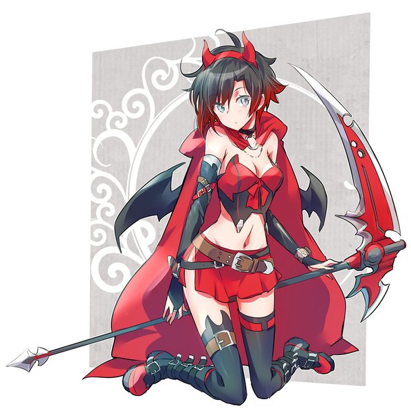 Anime picture 1556x1560 with rwby rooster teeth ruby rose iesupa single tall image looking at viewer short hair breasts light erotic black hair cleavage full body red hair multicolored hair horn (horns) two-tone hair midriff grey eyes kneeling