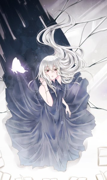 Anime picture 714x1200 with re:zero kara hajimeru isekai seikatsu white fox echidna (re:zero) mororo1357 single long hair tall image looking at viewer fringe hair between eyes standing bare shoulders brown eyes payot silver hair parted lips from above floating hair adjusting hair crack