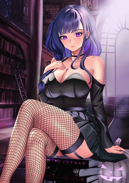 Anime picture 2345x3315 with genshin impact raiden shogun ronikx art single long hair tall image blush fringe highres breasts light erotic large breasts sitting purple eyes looking away cleavage purple hair indoors blunt bangs arm support