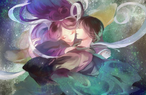 Anime picture 1300x850 with original hebi (yurari) long hair short hair open mouth brown hair purple hair eyes closed japanese clothes profile couple tears holding hands girl boy ribbon (ribbons)