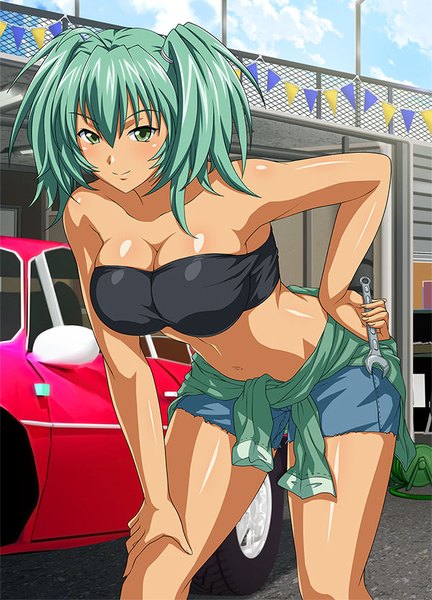 Anime picture 600x832 with ikkitousen ryofu housen single tall image looking at viewer short hair breasts light erotic twintails green eyes green hair midriff short twintails girl navel shorts short shorts ground vehicle car