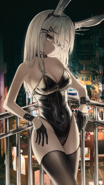 Anime picture 2183x3903 with arknights frostnova (arknights) flippy (cripine111) tall image fringe highres breasts light erotic large breasts standing animal ears cleavage silver hair outdoors head tilt hair over one eye night grey eyes bunny ears city