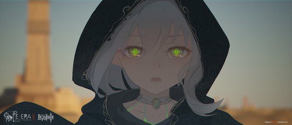 Anime picture 3360x1440 with genshin impact nahida (genshin impact) void 0 (artist) single looking at viewer fringe highres short hair open mouth hair between eyes wide image green eyes signed sky silver hair outdoors alternate costume copyright name symbol-shaped pupils portrait