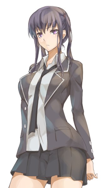 Anime picture 678x1228 with original shinon (tokage shuryou) single long hair tall image highres breasts black hair simple background large breasts white background purple eyes twintails pleated skirt girl skirt uniform school uniform shirt necktie