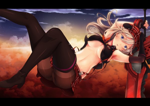 Anime picture 3507x2480 with god eater god eater burst ufotable alisa ilinichina amiella guhua67 single long hair looking at viewer blush fringe highres breasts open mouth blue eyes light erotic hair between eyes absurdres grey hair girl skirt