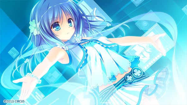 Anime picture 800x450 with d.s. -dal segno- circus (studio) ame (d.s. -dal segno-) single long hair fringe blue eyes wide image bare shoulders blue hair game cg bare belly dutch angle spread arms 2015 girl skirt miniskirt bracelet hairclip