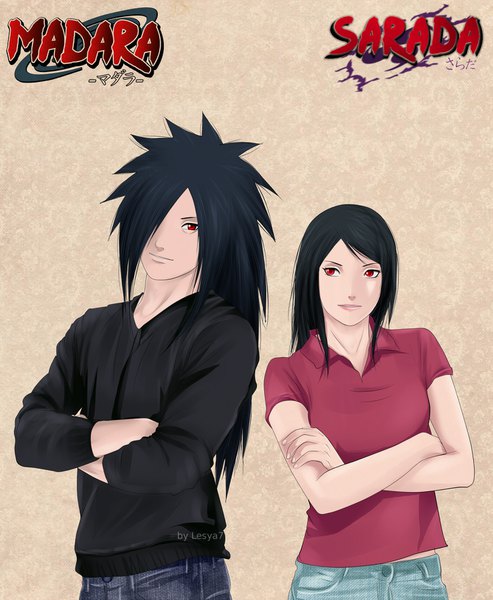 Anime picture 1399x1700 with naruto studio pierrot naruto (series) uchiha madara uchiha sarada lesya7 long hair tall image looking at viewer fringe short hair black hair simple background smile red eyes signed upper body hair over one eye inscription character names