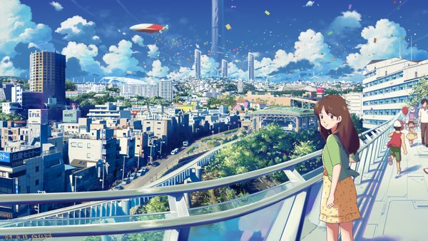 Anime picture 1600x902 with original isai shizuka brown hair wide image looking back black eyes city cityscape running girl aircraft tower dirigible