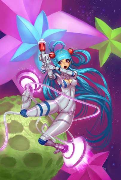 Anime picture 1000x1480 with original elsevilla single long hair tall image fringe open mouth light erotic twintails purple eyes holding blue hair sky aqua hair mole mole under eye flying space girl weapon