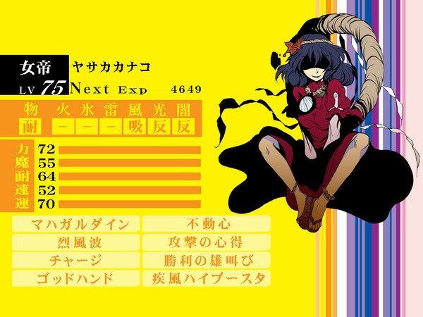 Anime picture 1024x768 with persona 4 touhou persona yasaka kanako blue hair parody girl rope stats aku (pixiv)