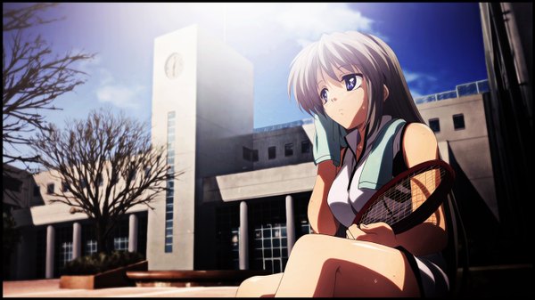 Anime picture 1366x768 with clannad key (studio) sakagami tomoyo hatsoff-designs single long hair blush highres breasts wide image sitting purple eyes bare shoulders looking away sky cloud (clouds) bent knee (knees) light smile grey hair sunlight