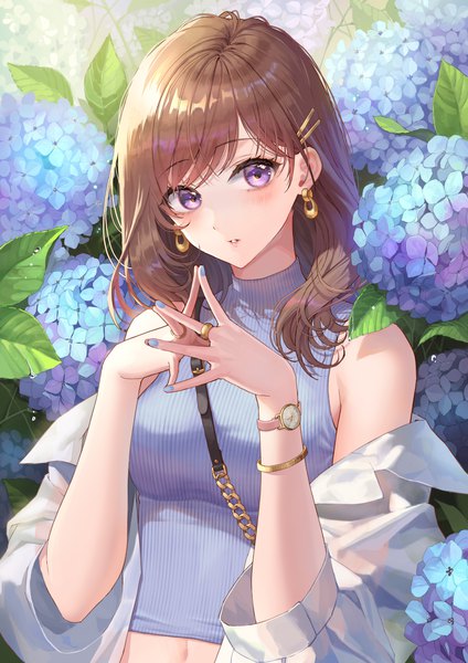 Anime picture 1273x1800 with original okuma mai single long hair tall image blush fringe brown hair purple eyes bare shoulders looking away upper body nail polish parted lips off shoulder arms up blue nail polish fingers together girl navel