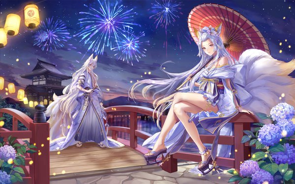 Anime picture 1920x1200 with original achyue looking at viewer highres smile standing sitting purple eyes bare shoulders holding animal ears yellow eyes sky silver hair cloud (clouds) tail very long hair long sleeves traditional clothes japanese clothes