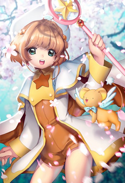Anime picture 600x877 with card captor sakura clamp kinomoto sakura lucidsky single tall image fringe short hair open mouth smile brown hair aqua eyes two side up girl animal petals wings clothes wand hoshi no tsue