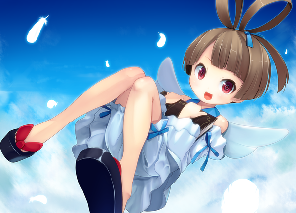 Anime picture 1384x1000 with original meso-meso single short hair open mouth red eyes brown hair cloud (clouds) girl dress wings feather (feathers) sandals