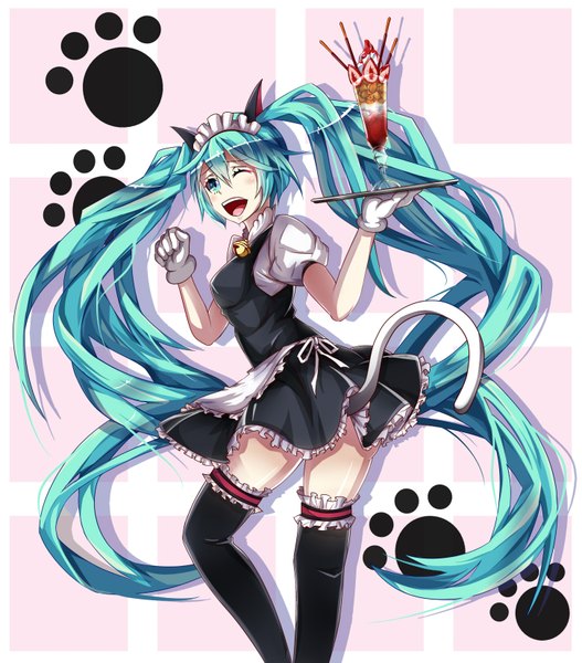 Anime picture 1450x1650 with vocaloid hatsune miku paparins (artist) single long hair tall image blush open mouth twintails animal ears tail one eye closed aqua eyes wink cat ears aqua hair maid cat tail girl thighhighs