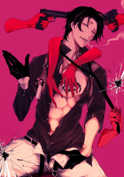 Anime picture 844x1200 with original schwarz ashford zabeo0125 single tall image looking at viewer fringe short hair open mouth light erotic black hair simple background smile red eyes holding head tilt mole tattoo open shirt mouth hold