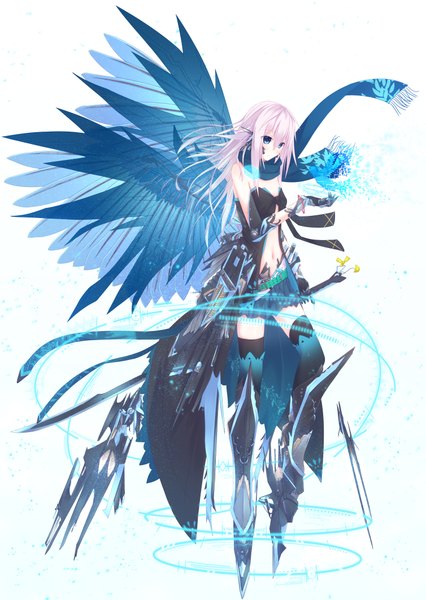 Anime picture 1508x2124 with original nagishiro mito single long hair tall image blush blue eyes bare shoulders silver hair bare belly mecha musume girl thighhighs skirt navel weapon sword wings scarf